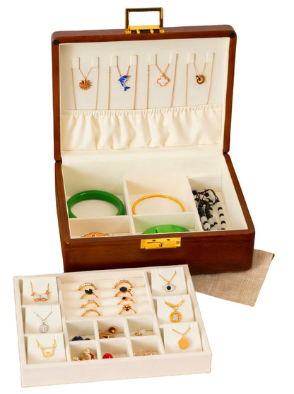 2 Layer Anti Tarnish Solid Wood Jewelry Organizer Box with Lock