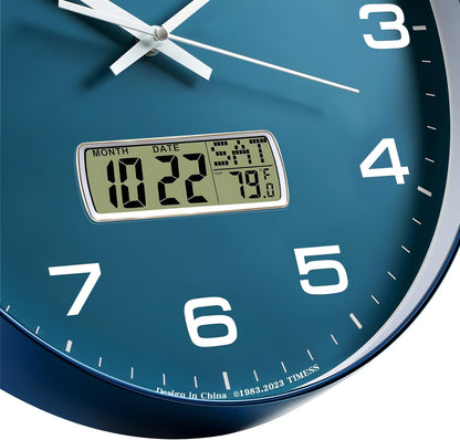 TIMESS 12-Inch Non-Ticking Analog Wall Clock with LCD Display, Blue