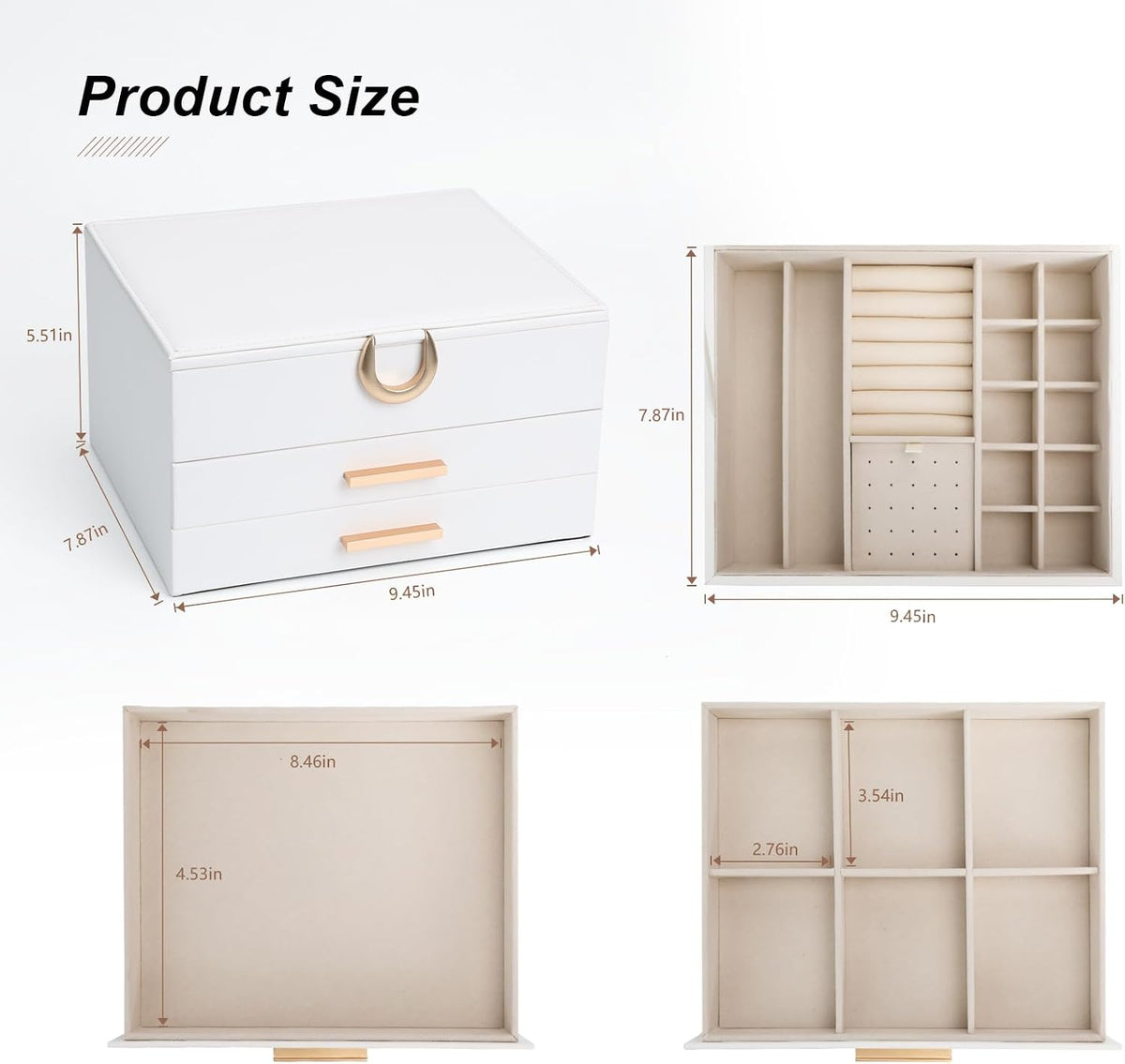 Jewelry Storage Box for 150+ Items - Features a Mirror, Smooth Gliding Drawers, and Non-Slip Earring Pads for Maximum Organization White