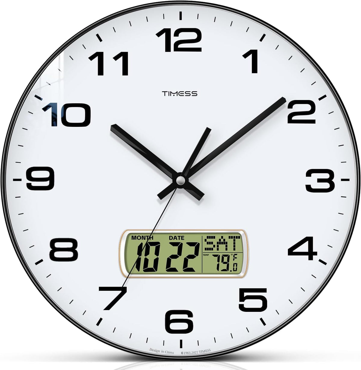 TIMESS 12-Inch Non-Ticking Analog Wall Clock with LCD Display, Blue