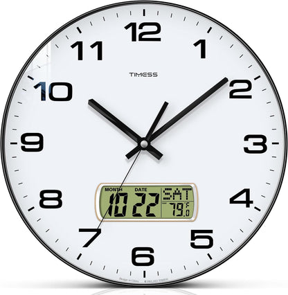 TIMESS 12-Inch Non-Ticking Analog Wall Clock with LCD Display, Blue