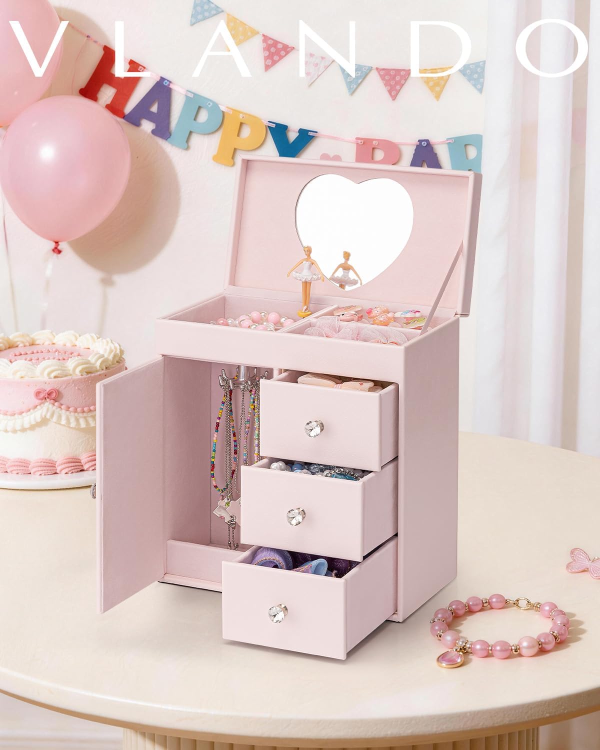 VLANDO 4 Layer Musical Jewelry Box, 3 Drawers Storage and Necklace Hook