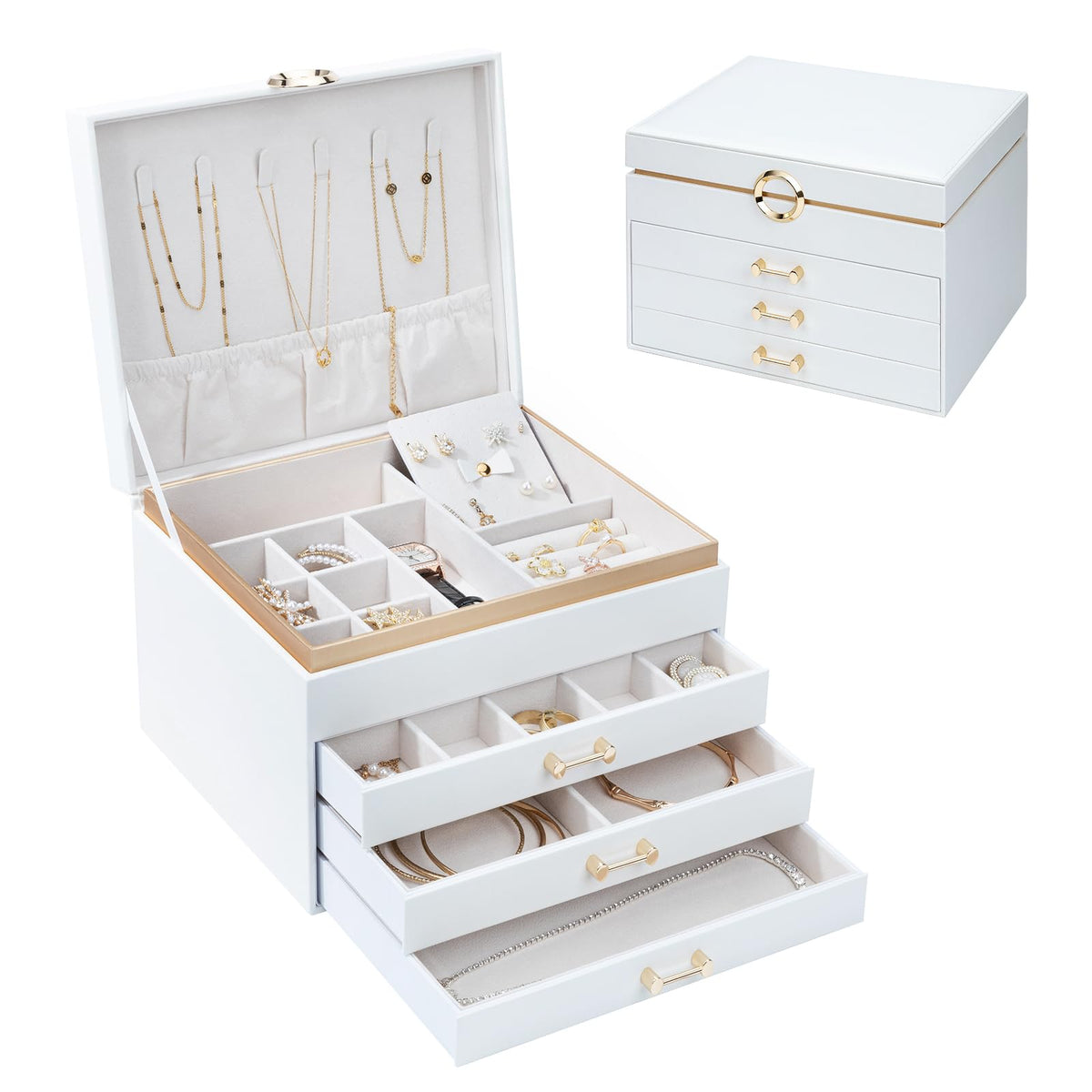 Jewelry Storage Box for 150+ Items - Features a Mirror, Smooth Gliding Drawers, and Non-Slip Earring Pads for Maximum Organization White