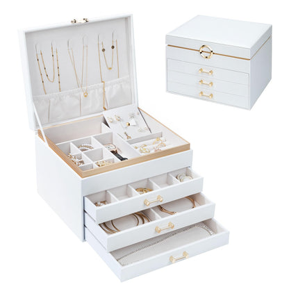 Jewelry Storage Box for 150+ Items - Features a Mirror, Smooth Gliding Drawers, and Non-Slip Earring Pads for Maximum Organization White