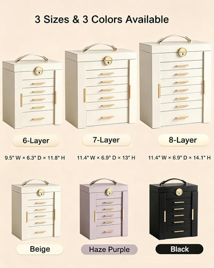 Lolalet Large Jewelry Box, 6-Layer Jewelry Organizer with 5 Drawers -Beige