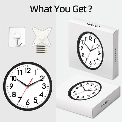 AKCISOT 10 Inch Wall Clock, Silent Battery Operated Analog Clock, Black