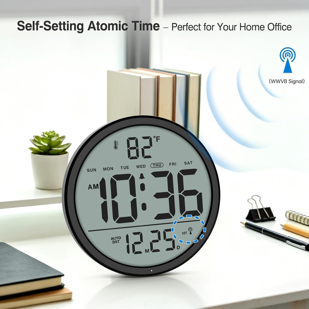 WallarGe Backlit Atomic Clock, Self-Setting Digital Wall Clock, 8"