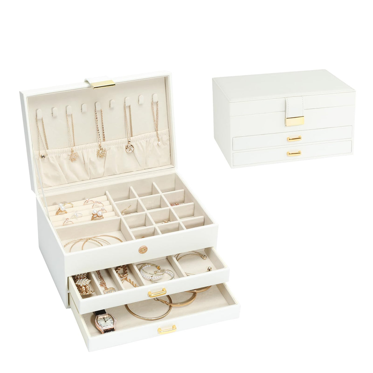 Jewelry Storage Box for 150+ Items - Features a Mirror, Smooth Gliding Drawers, and Non-Slip Earring Pads for Maximum Organization White