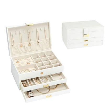 Jewelry Storage Box for 150+ Items - Features a Mirror, Smooth Gliding Drawers, and Non-Slip Earring Pads for Maximum Organization White