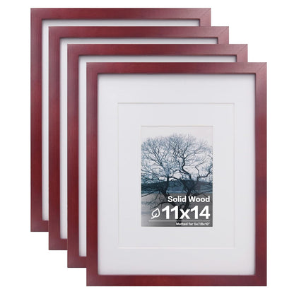 Egofine 11x14 Picture Frames 4 Pack Display Pictures 5x7/8x10 with Mat or 11x14 Without Mat Made of Solid Wood Covered by Plexiglass for Table Top Display and Wall Mounting Photo Frame, Light Brown