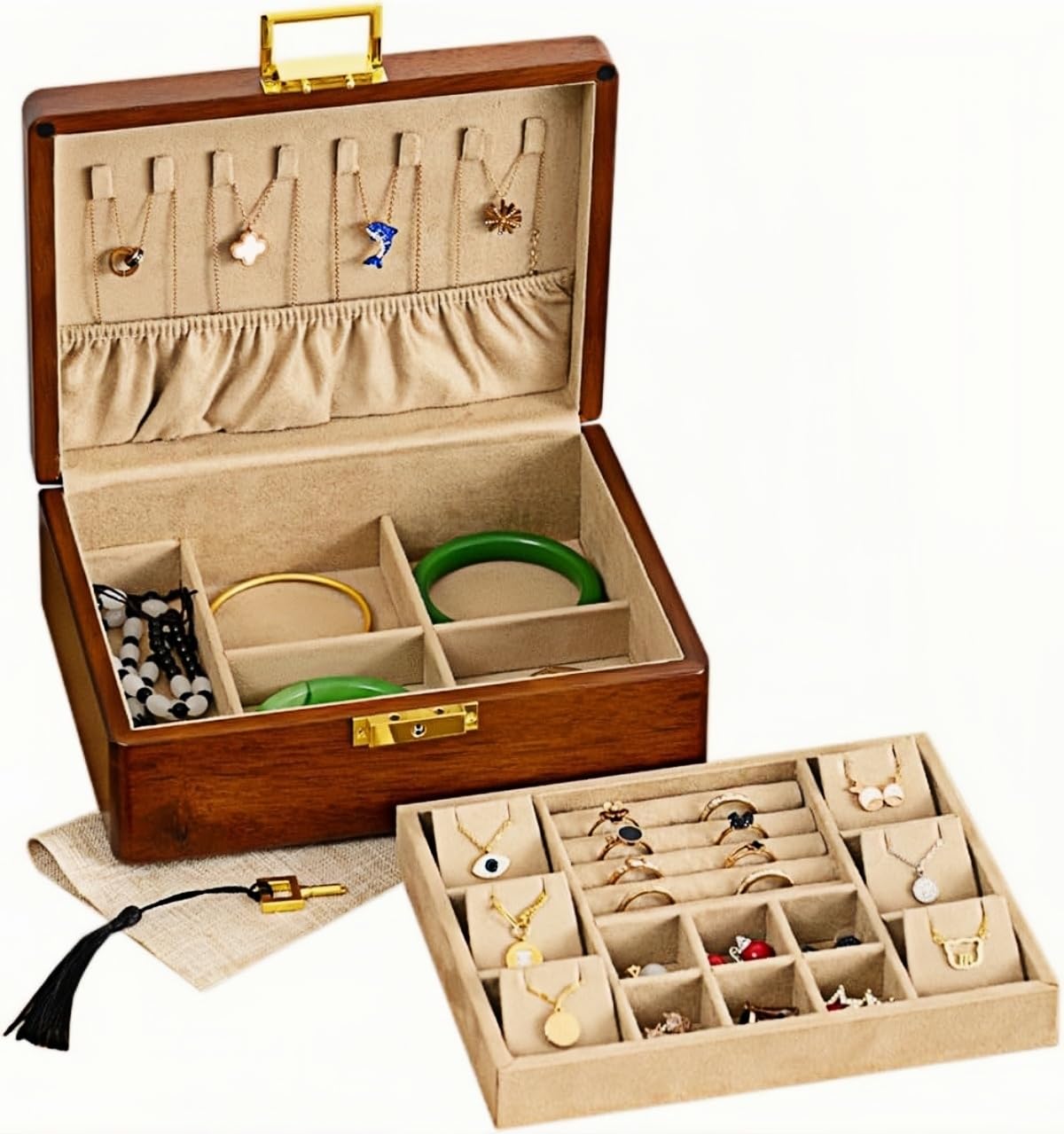 2 Layer Anti Tarnish Solid Wood Jewelry Organizer Box with Lock