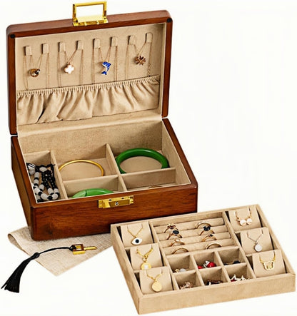 2 Layer Anti Tarnish Solid Wood Jewelry Organizer Box with Lock