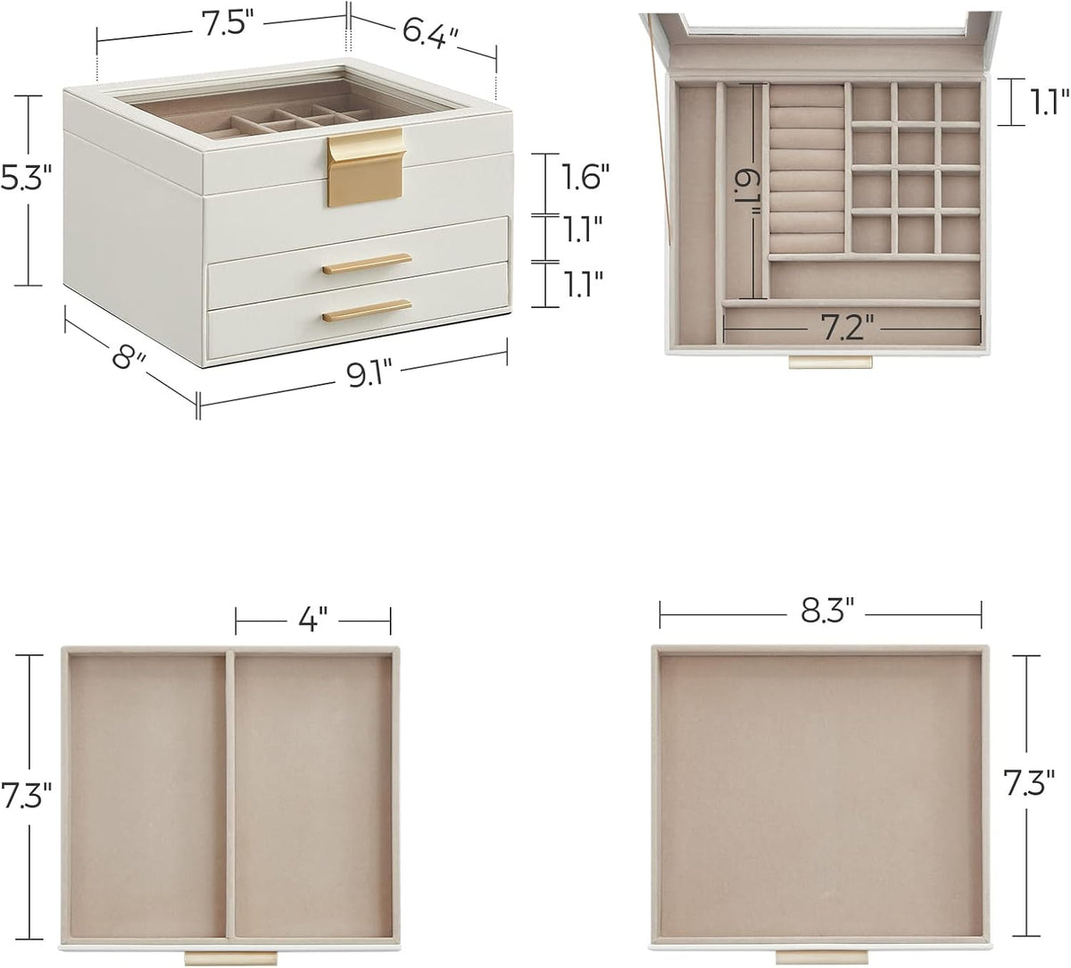 SONGMICS Jewelry Box Organizer, 3-Layer Storage with 2 Drawers, Glass Lid