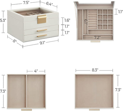 SONGMICS Jewelry Box Organizer, 3-Layer Storage with 2 Drawers, Glass Lid