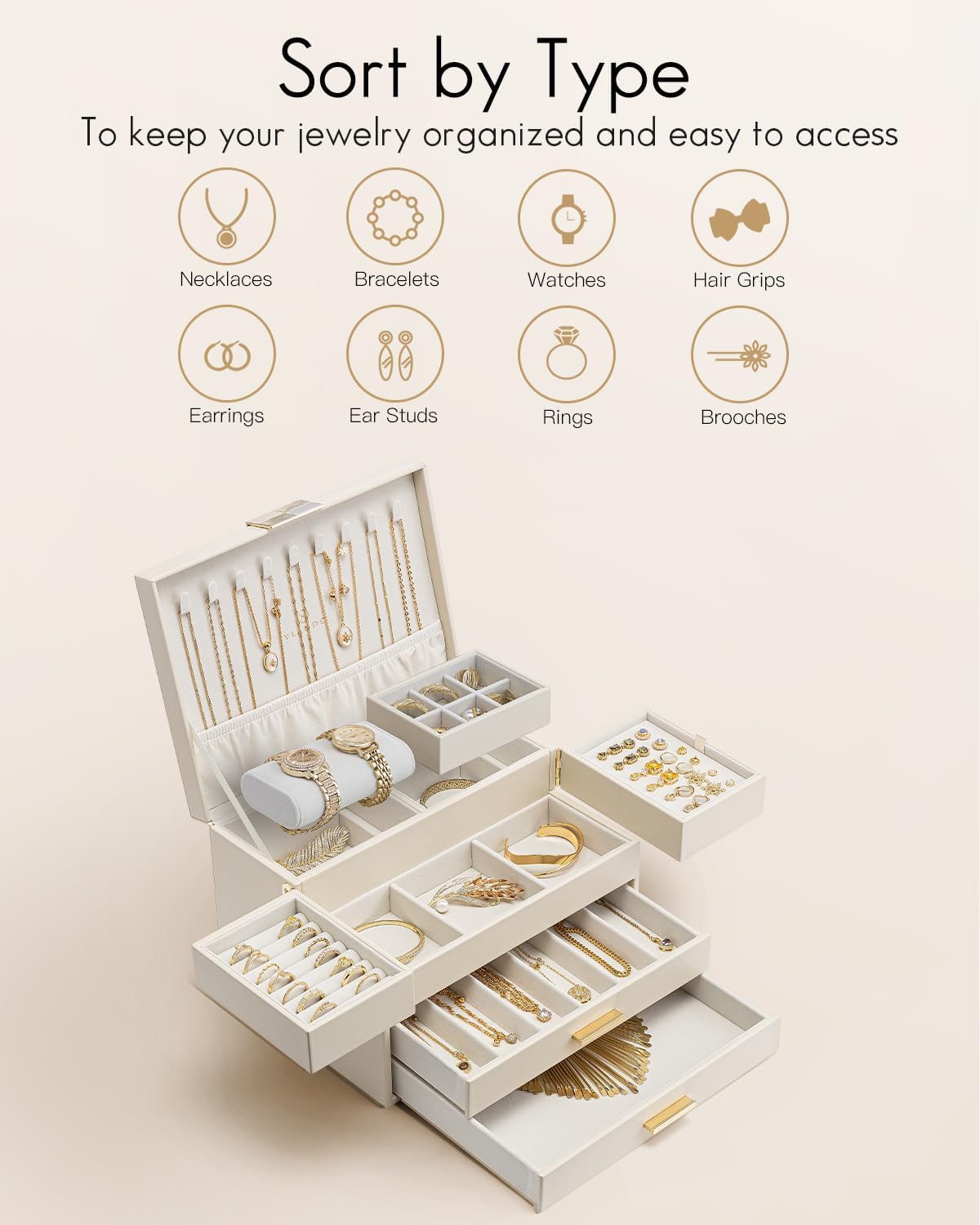 VLANDO Jewelry Box,4-Layer Design with Retractable Tray and 2 Drawers