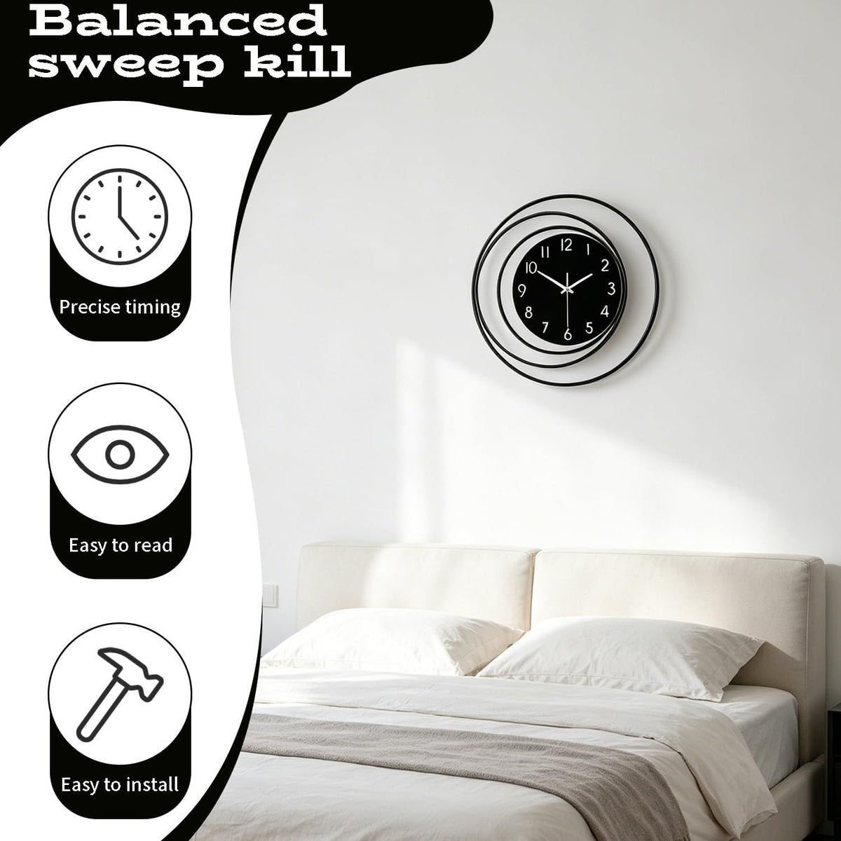 Dankeit 13inch Decorative Wall Clock, Silent Non-Ticking Quality Quartz Battery Operated, Large Wall Clock for Living Room Kitchen Home Bathroom Bedroom Wall Decor, Black