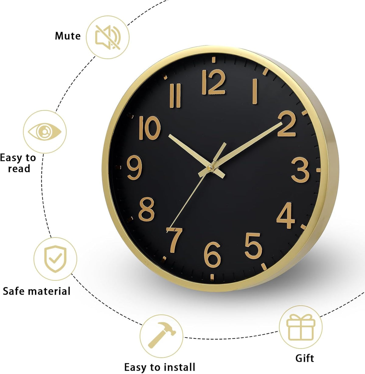 Wall Clocks Battery Operated 8 inch Modern Wall Clock,Silent Non Ticking Wall Clock for Living Room Bedroom Kitchen Office Classroom Decor (Black Gold)