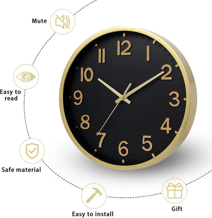 Wall Clocks Battery Operated 8 inch Modern Wall Clock,Silent Non Ticking Wall Clock for Living Room Bedroom Kitchen Office Classroom Decor (Black Gold)