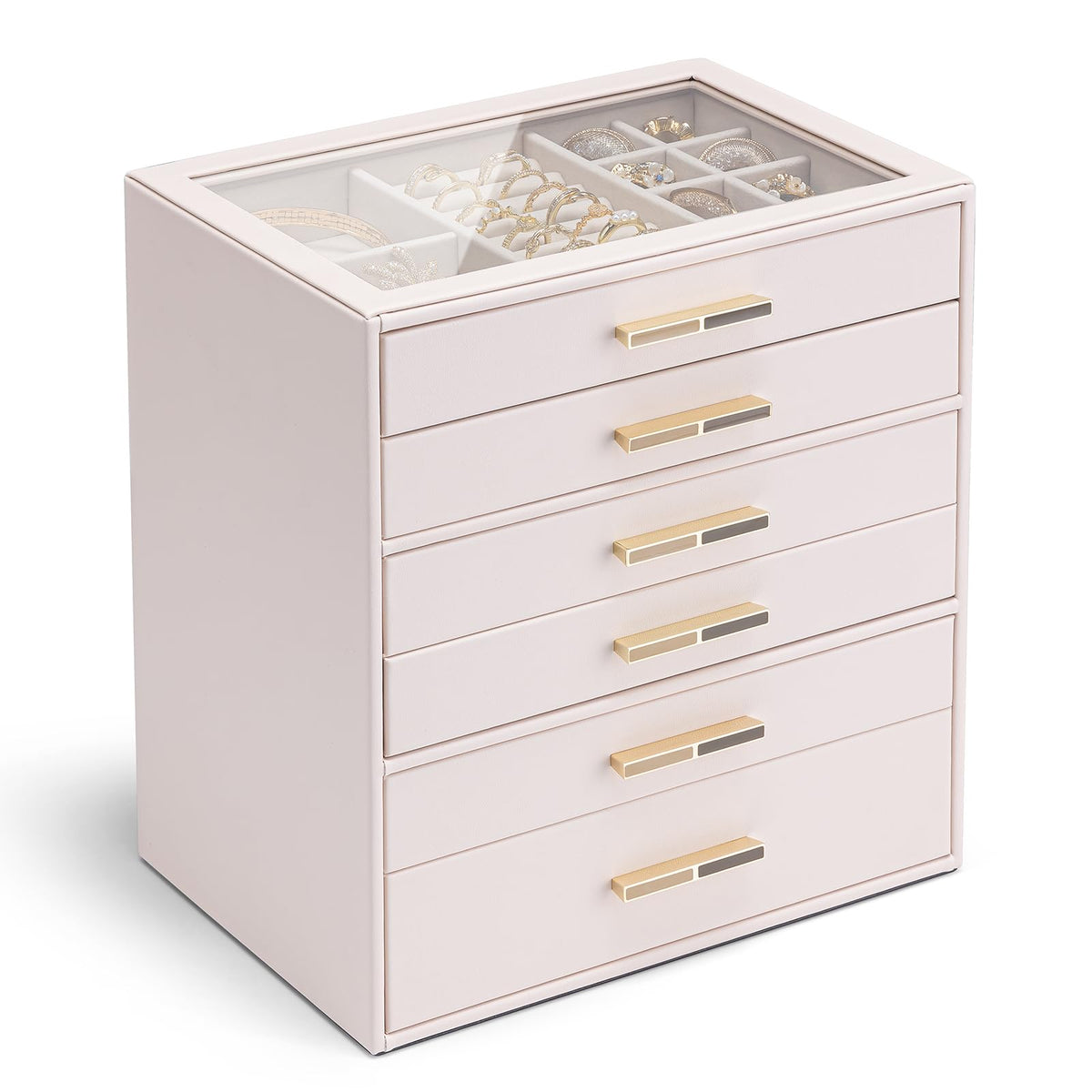 Vlando 4-Drawer Jewelry Box Organizer with Glass Lid, White