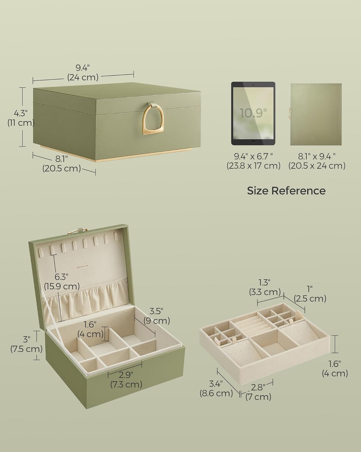 SONGMICS 2-Layer Jewelry Box with Handle, Removable Tray, Floating Effect