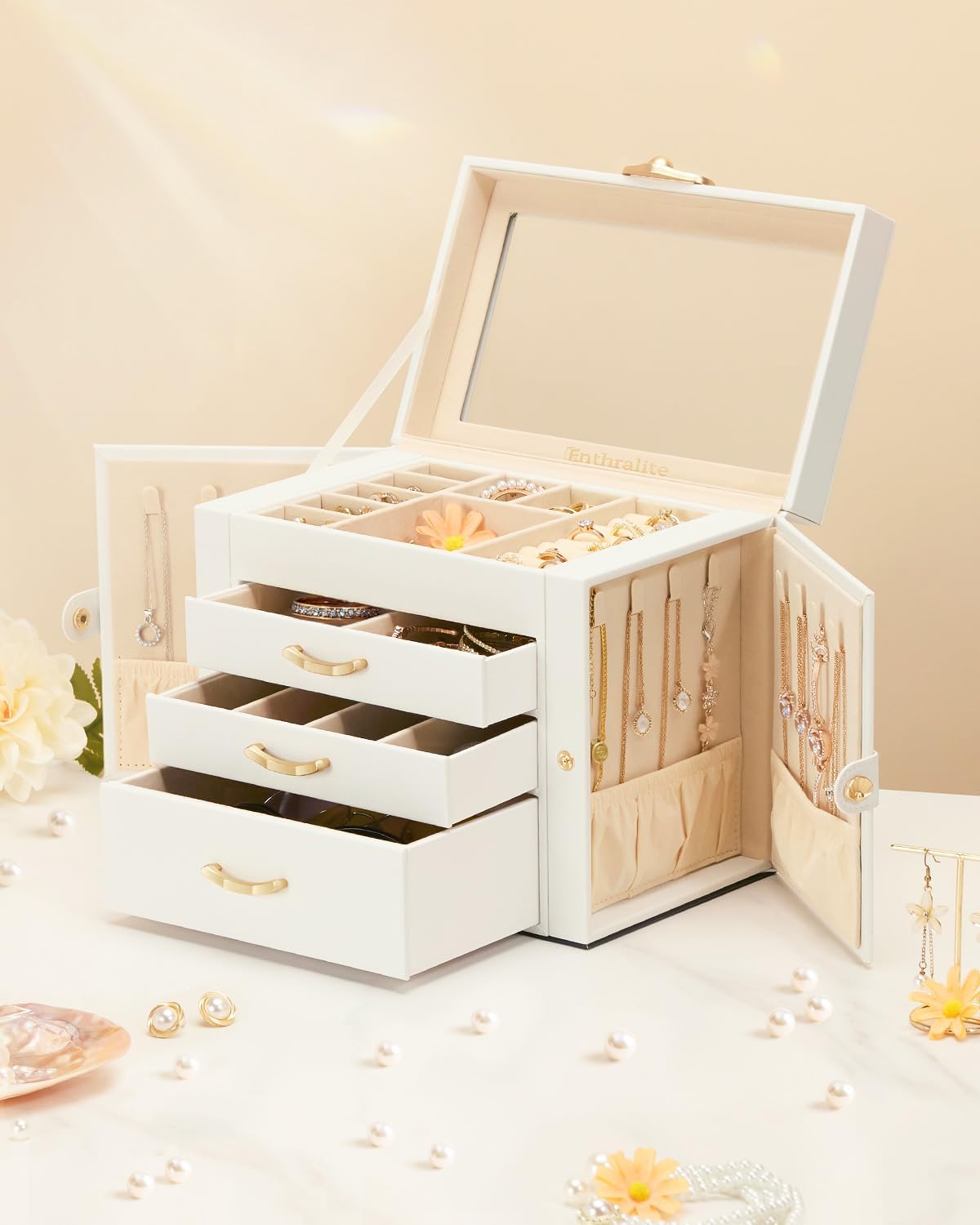 Enthralite Modern Jewelry Organizer for Women: 4-Layer Box with Clear Lid