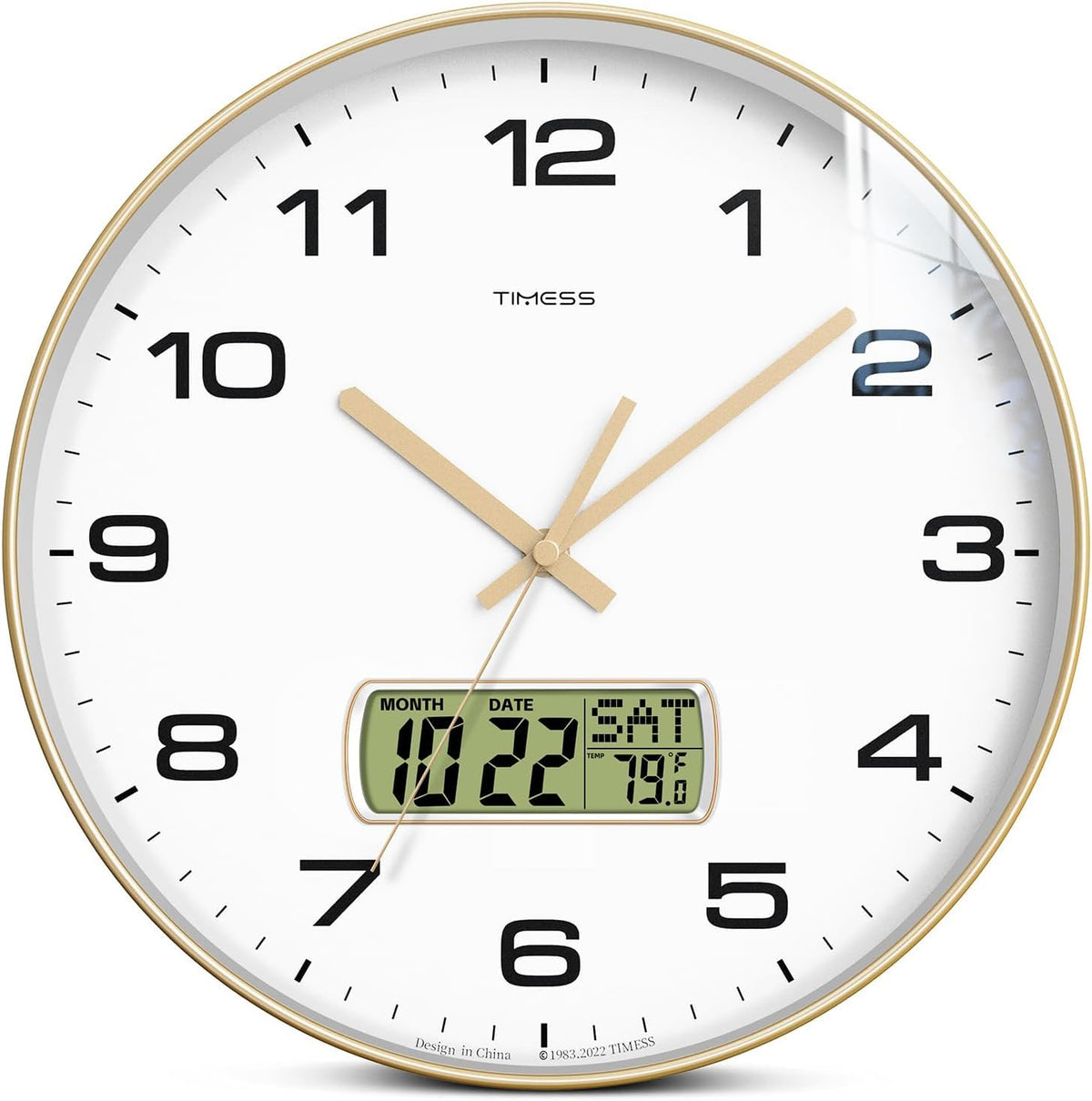 TIMESS 12-Inch Non-Ticking Analog Wall Clock with LCD Display, Blue
