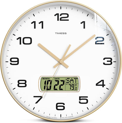 TIMESS 12-Inch Non-Ticking Analog Wall Clock with LCD Display, Blue