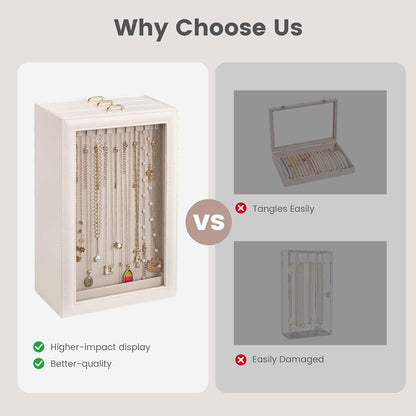 Lolalet Necklace Organizer Box, Jewelry Display Case, White, 3 Layers