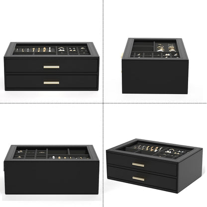 AKOZLIN Jewelry Box Organizer with Clear Lid 2 Drawers Black