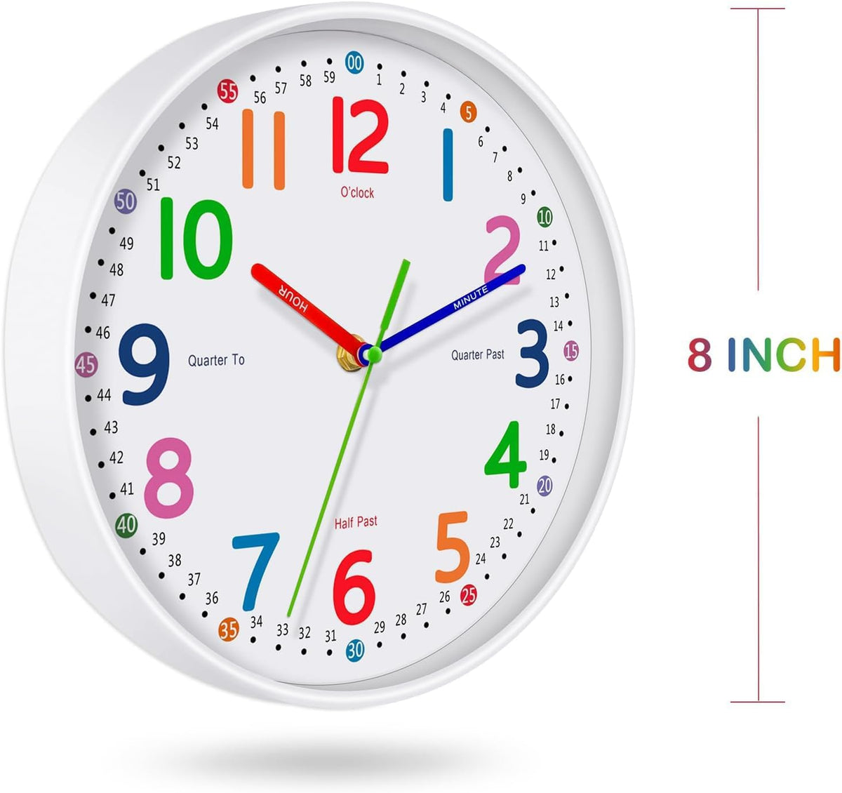 Silent Kids Wall Clock – Non-Ticking, Battery-Powered, Ideal for Teaching Time and Stylish Décor in Any Room - 8 Inch