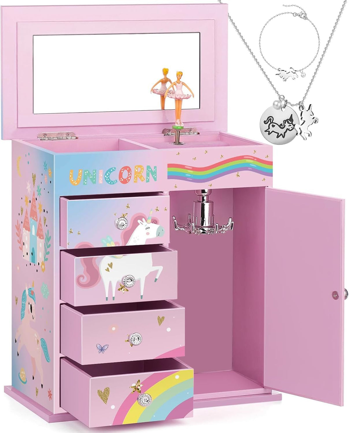Jewelry Box for Girls 5-Layer with Swing Door Spinning Ballerina Unicorn &Castle Design Unicorn Jewelry Set Included Kids Music Box for Little Girls Birthday Christmas Gift (White)