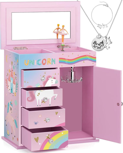 Jewelry Box for Girls 5-Layer with Swing Door Spinning Ballerina Unicorn &Castle Design Unicorn Jewelry Set Included Kids Music Box for Little Girls Birthday Christmas Gift (White)