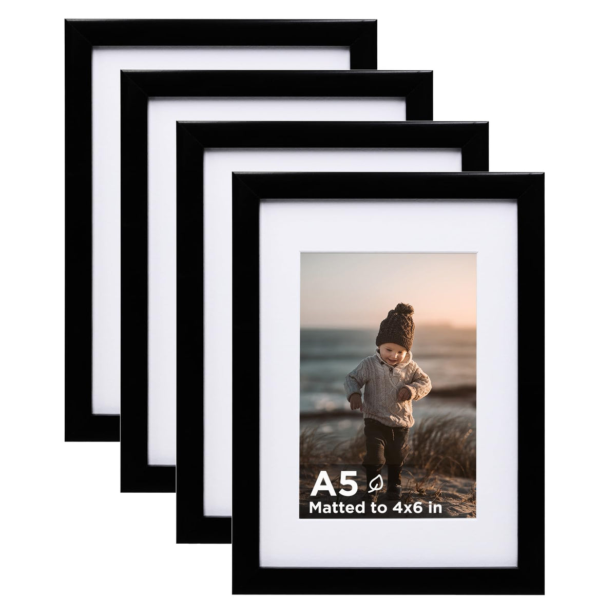 KINLINK 5x7 Picture Frame White Set of 4, Wooden Photo Frames Matted 4x6 with Plexiglass for 4x6 with Mat or 5x7 without Mat for Table and Wall Display