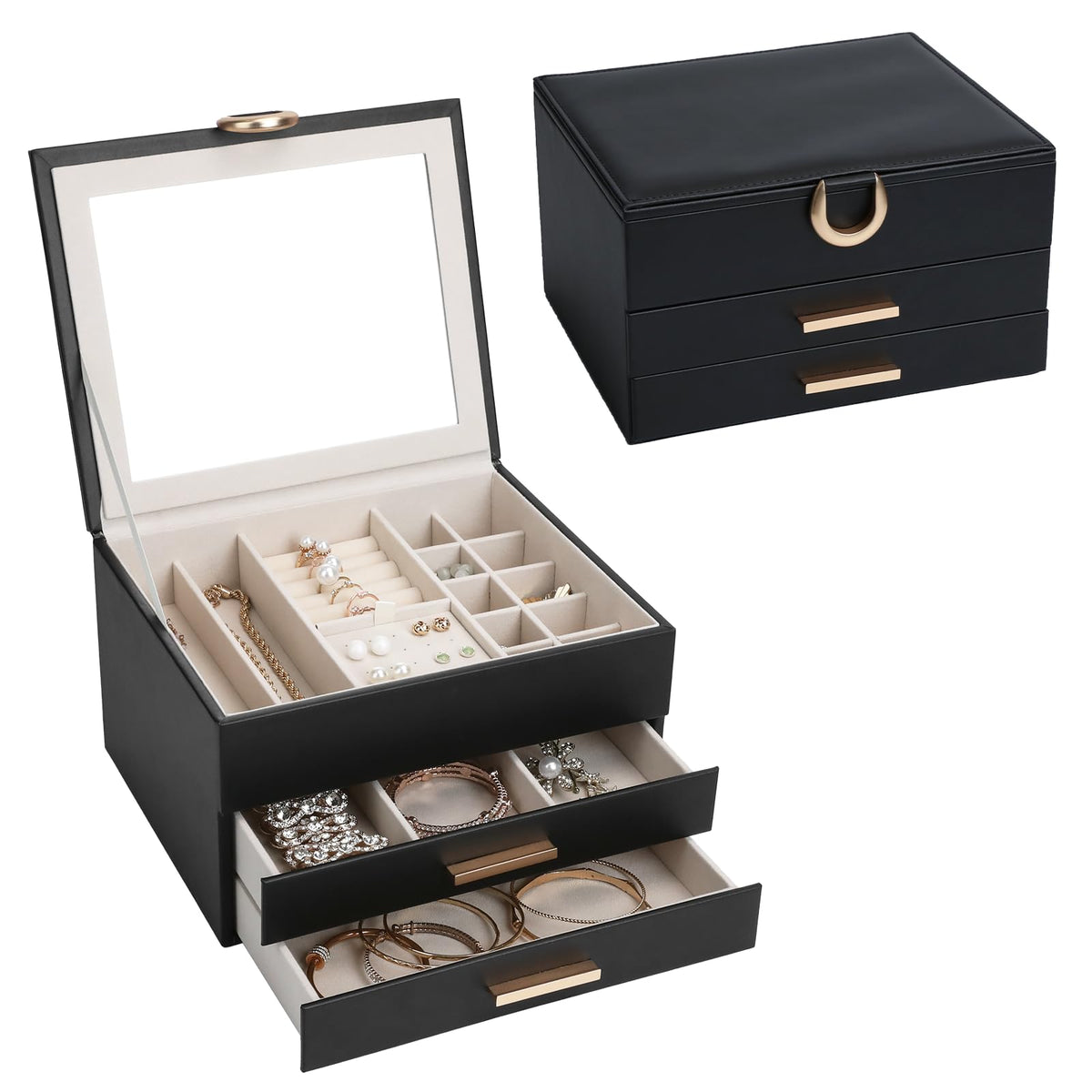 Jewelry Storage Box for 150+ Items - Features a Mirror, Smooth Gliding Drawers, and Non-Slip Earring Pads for Maximum Organization White