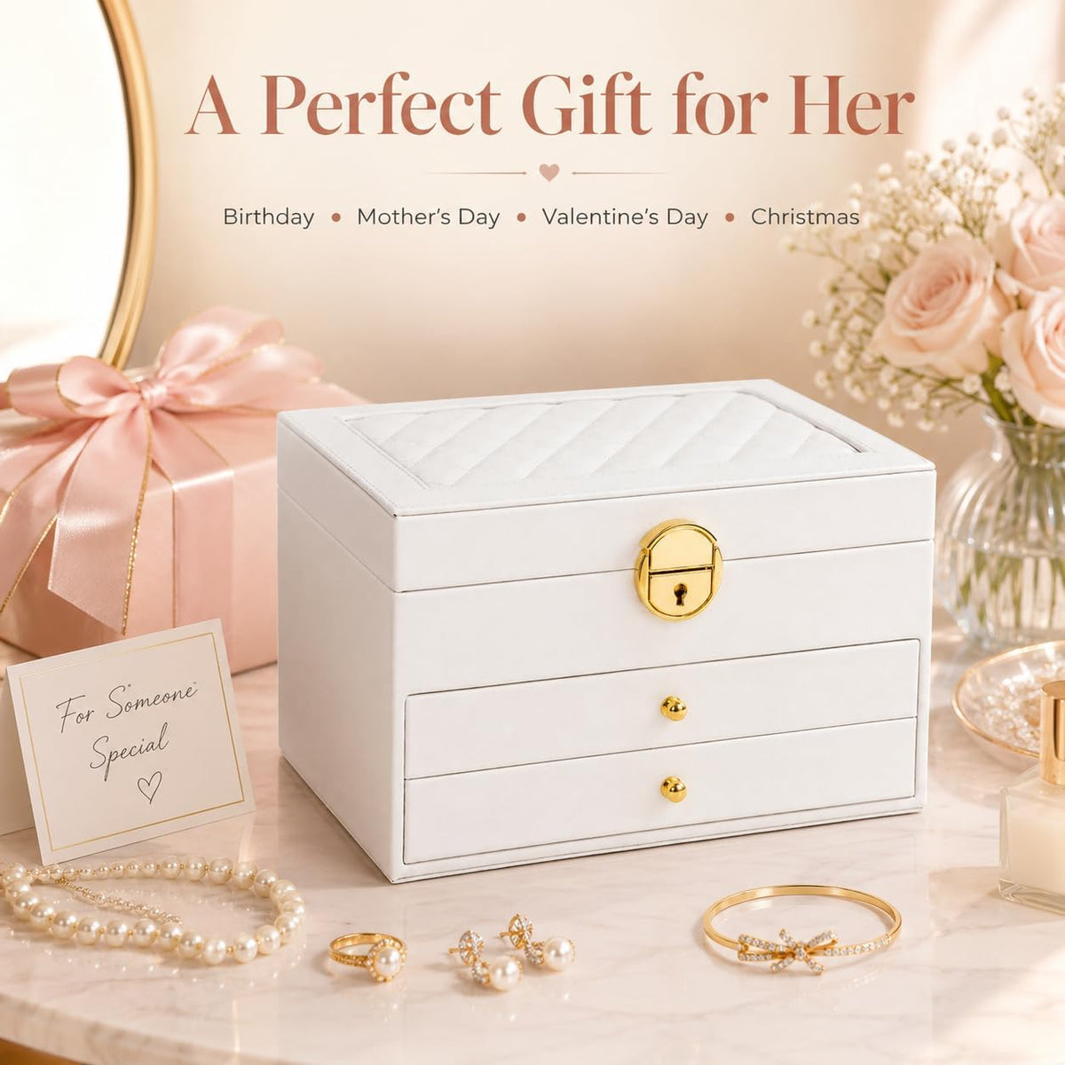 Jewelry Boxes for Women Girl Large PU Leather Jewelry Organizer Box with Lock Jewelry Organizers and Storage Case with Two drawers Display for Earrings Bracelets Rings Watches