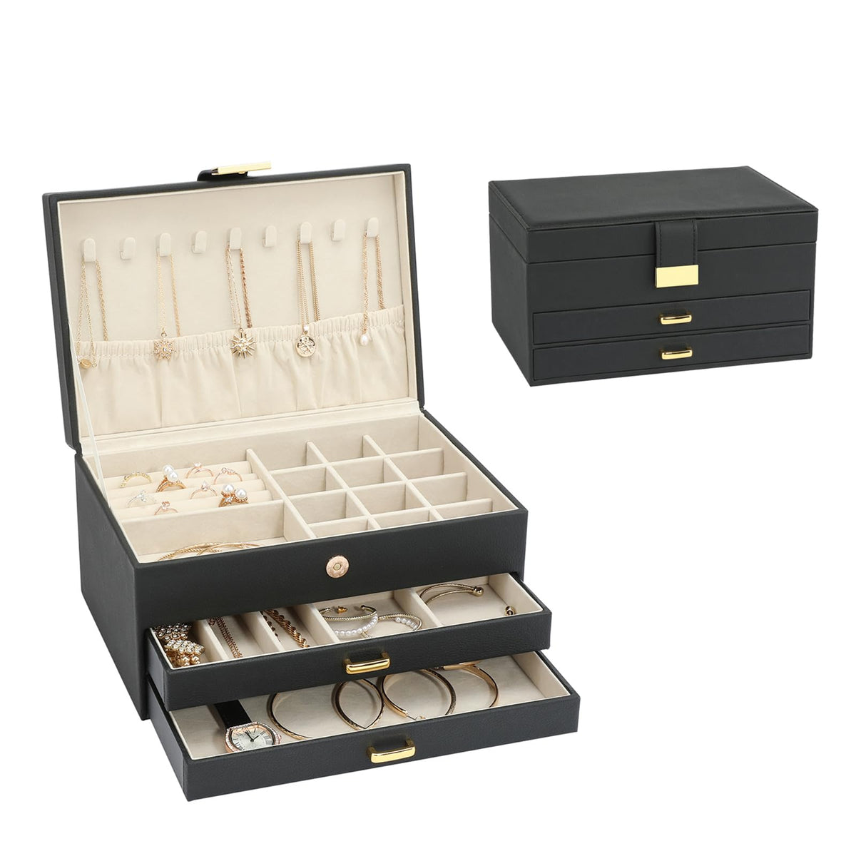 Jewelry Storage Box for 150+ Items - Features a Mirror, Smooth Gliding Drawers, and Non-Slip Earring Pads for Maximum Organization White