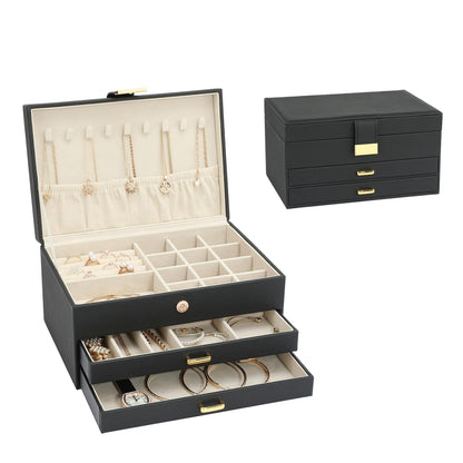 Jewelry Storage Box for 150+ Items - Features a Mirror, Smooth Gliding Drawers, and Non-Slip Earring Pads for Maximum Organization White