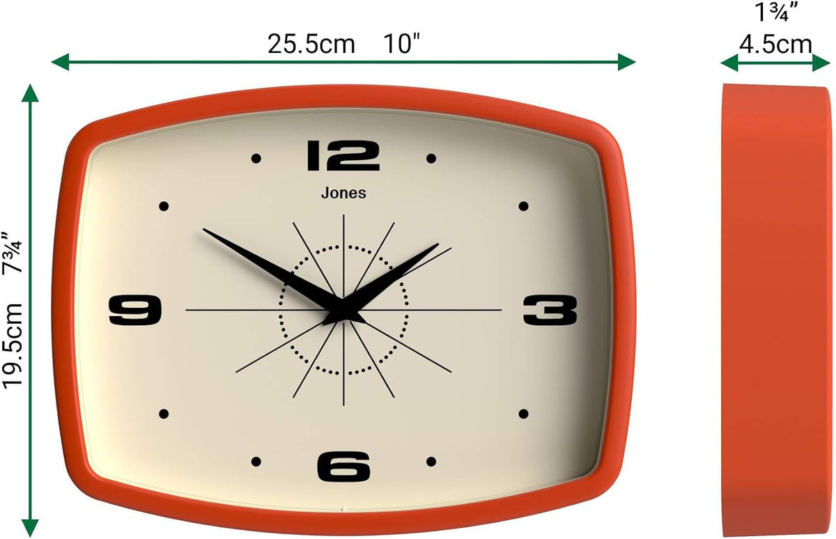 JONES CLOCKS® Movie wall Clock | Rectangular Retro Clock | 10" | Orange