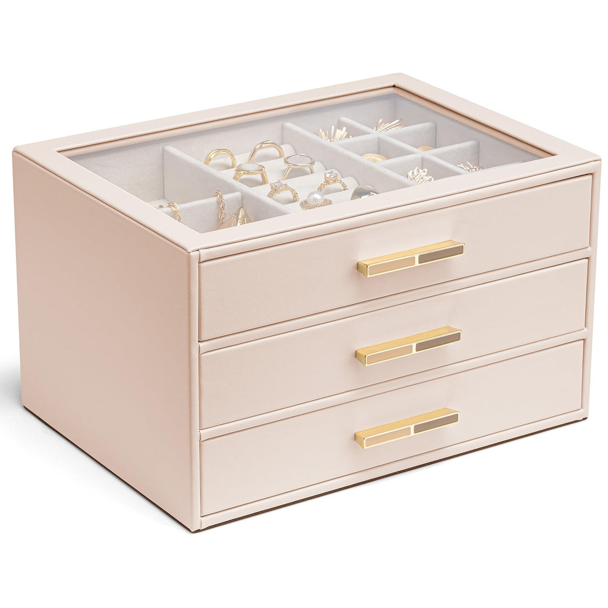 VLANDO Jewelry Box Organizer, 3-Layer Storage Drawers, Glass Window, Modern