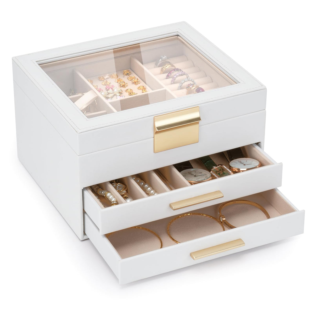 Jewelry Box for Women, 3-Layer Jewelry Box, Jewelry Organizer with Clear Glass Lid and Drawers, Jewelry Organizers and Storage for Necklaces, Rings, Earrings, Bracelets(White)