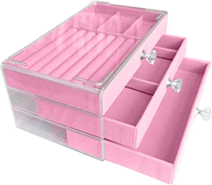 Clear Acrylic Velvet Jewelry Organizer with 3 Drawers, Stackable Display Storage Earrings Necklace Rings Bracelets Box Holder Case for Women, Pink