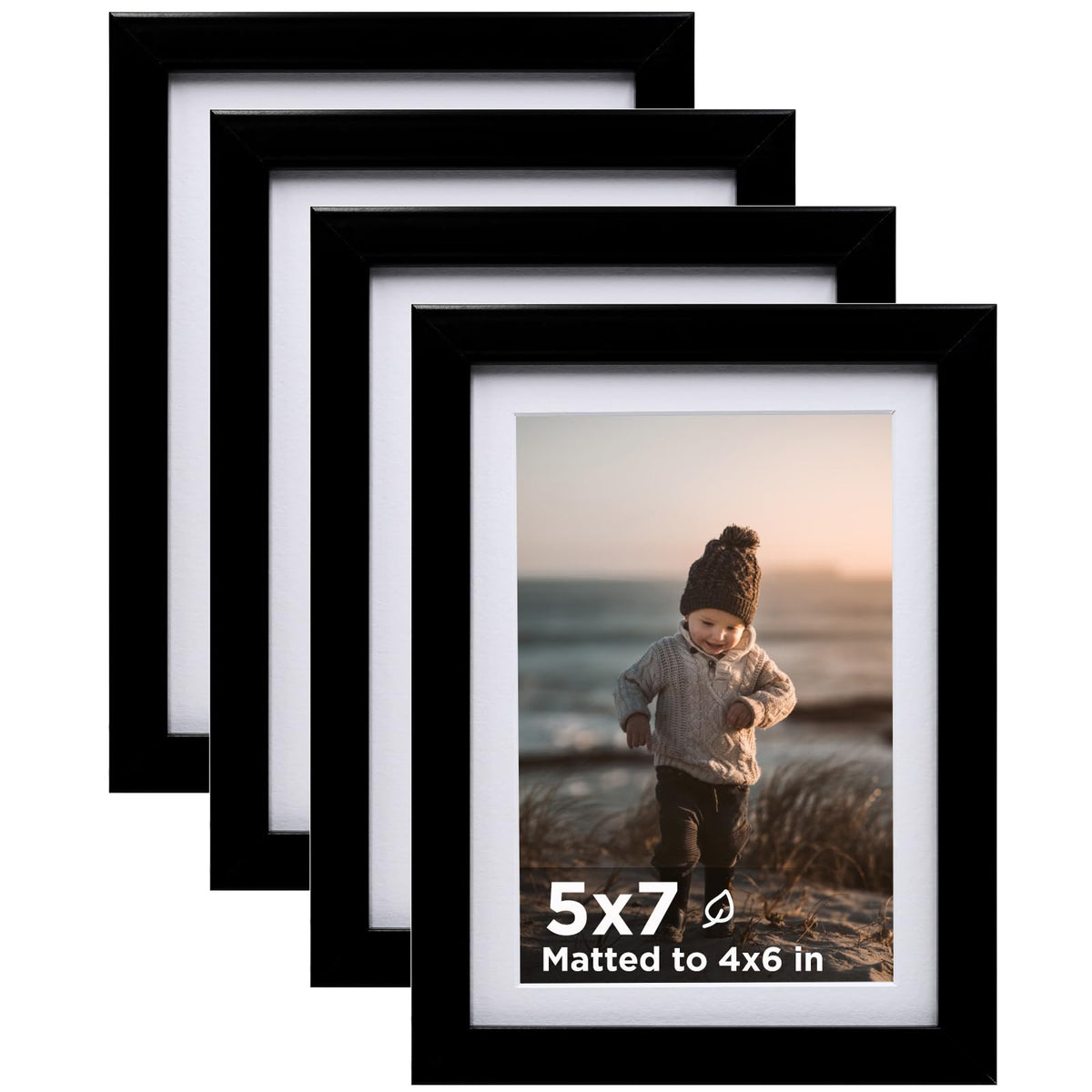 KINLINK 5x7 Picture Frame White Set of 4, Wooden Photo Frames Matted 4x6 with Plexiglass for 4x6 with Mat or 5x7 without Mat for Table and Wall Display
