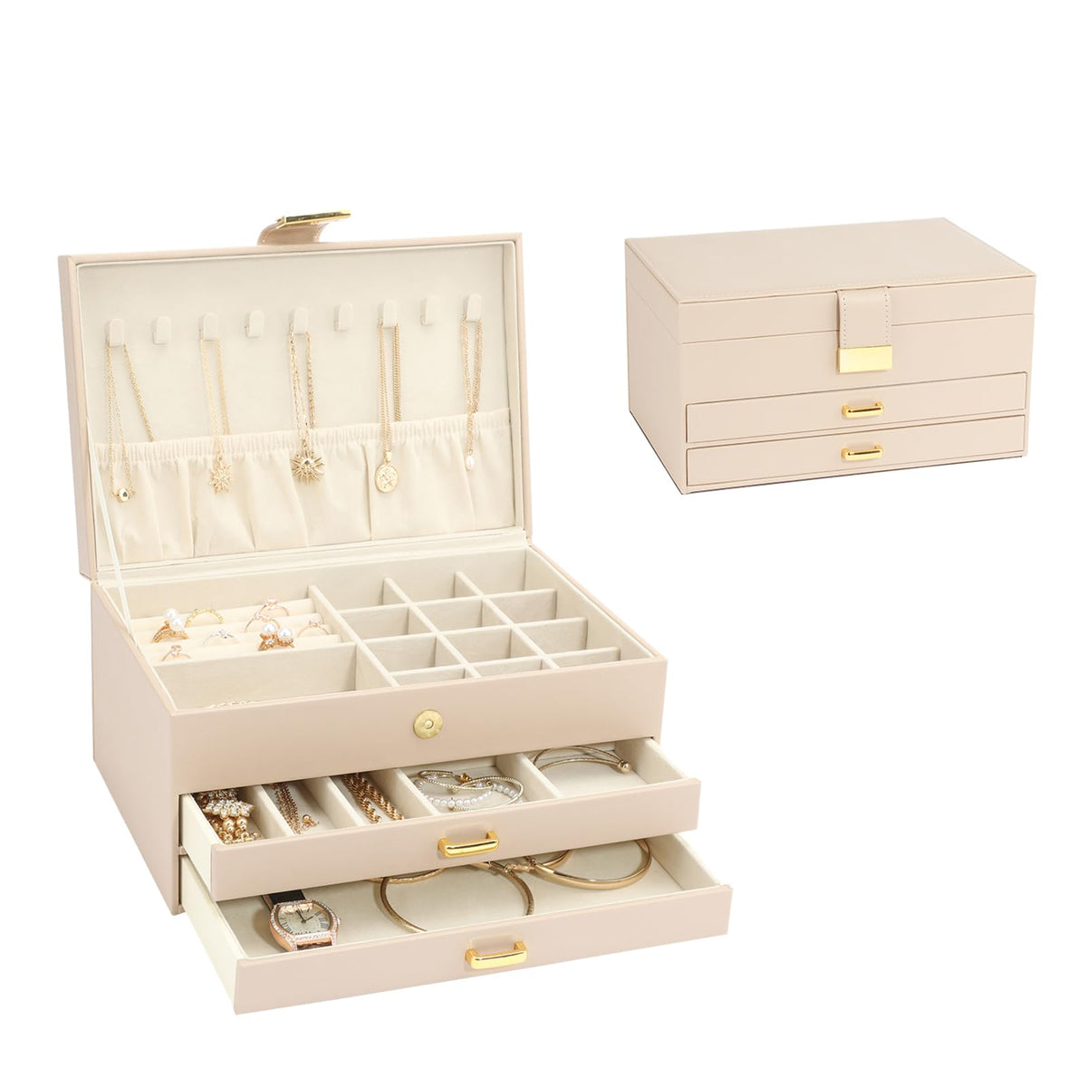 Jewelry Storage Box for 150+ Items - Features a Mirror, Smooth Gliding Drawers, and Non-Slip Earring Pads for Maximum Organization White