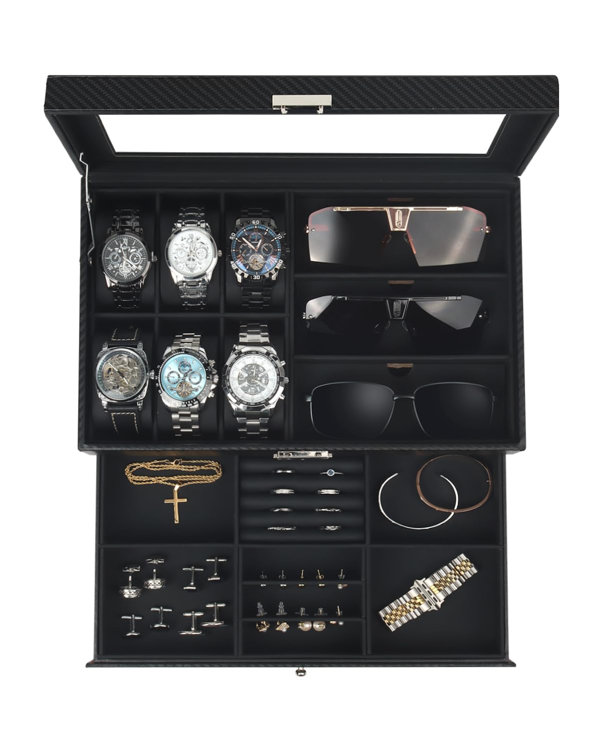 Kukikan Mens Jewelry Box Organizer, 6 Watch Slots & 3 Sunglasses -Black