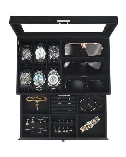 Kukikan Mens Jewelry Box Organizer, 6 Watch Slots & 3 Sunglasses -Black