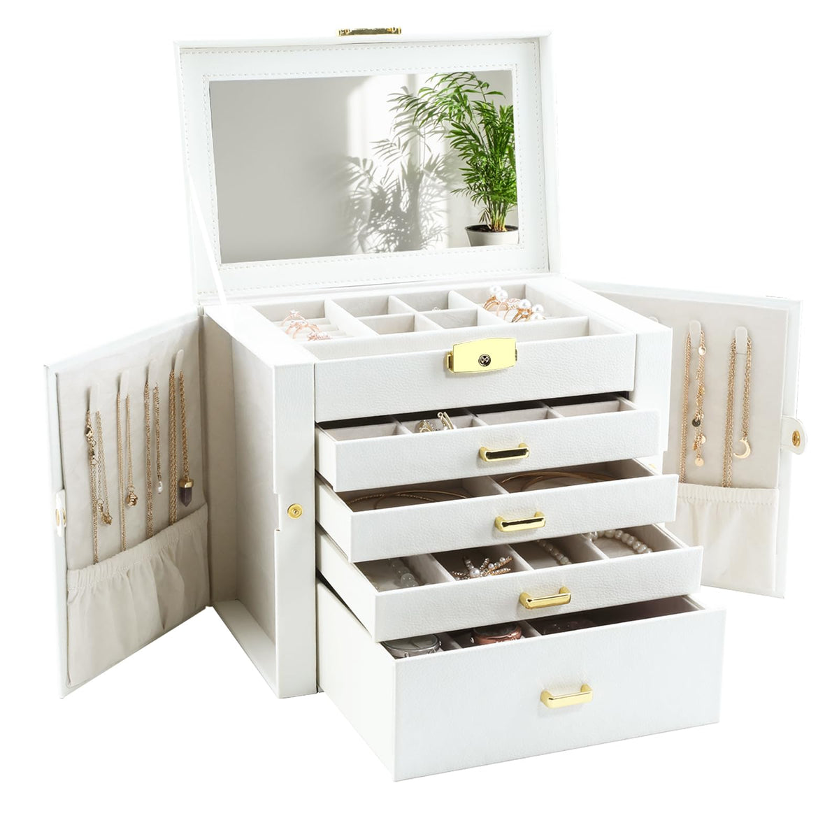 Jewelry Storage Box for 150+ Items - Features a Mirror, Smooth Gliding Drawers, and Non-Slip Earring Pads for Maximum Organization White