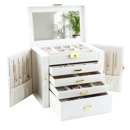 Jewelry Storage Box for 150+ Items - Features a Mirror, Smooth Gliding Drawers, and Non-Slip Earring Pads for Maximum Organization White