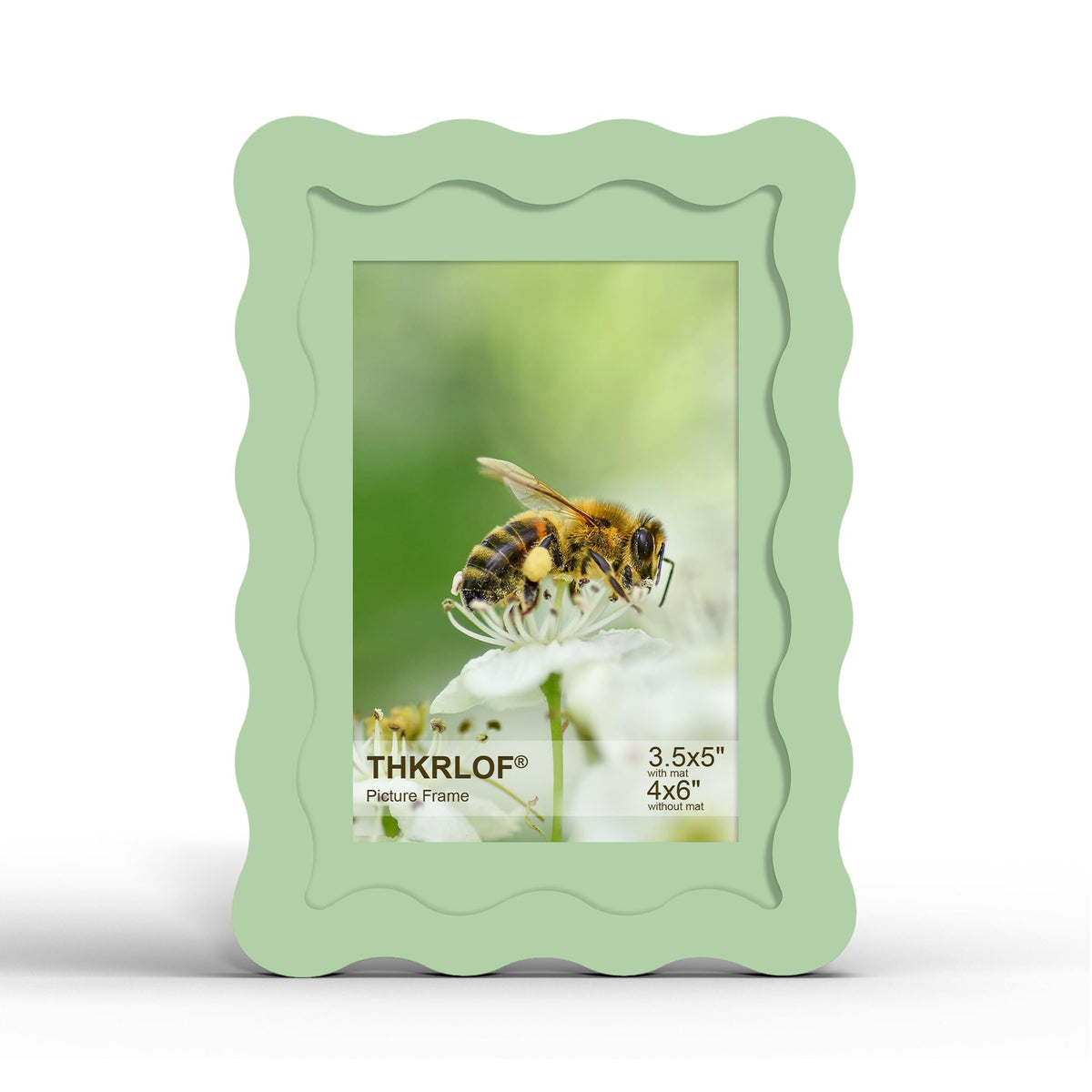 4x6 Picture Frame with Mat for 3.5x5, Wavy Edge Wooden Real Glass Photo Frame for Tabletop and Wall Hanging, Green, 1 Pack