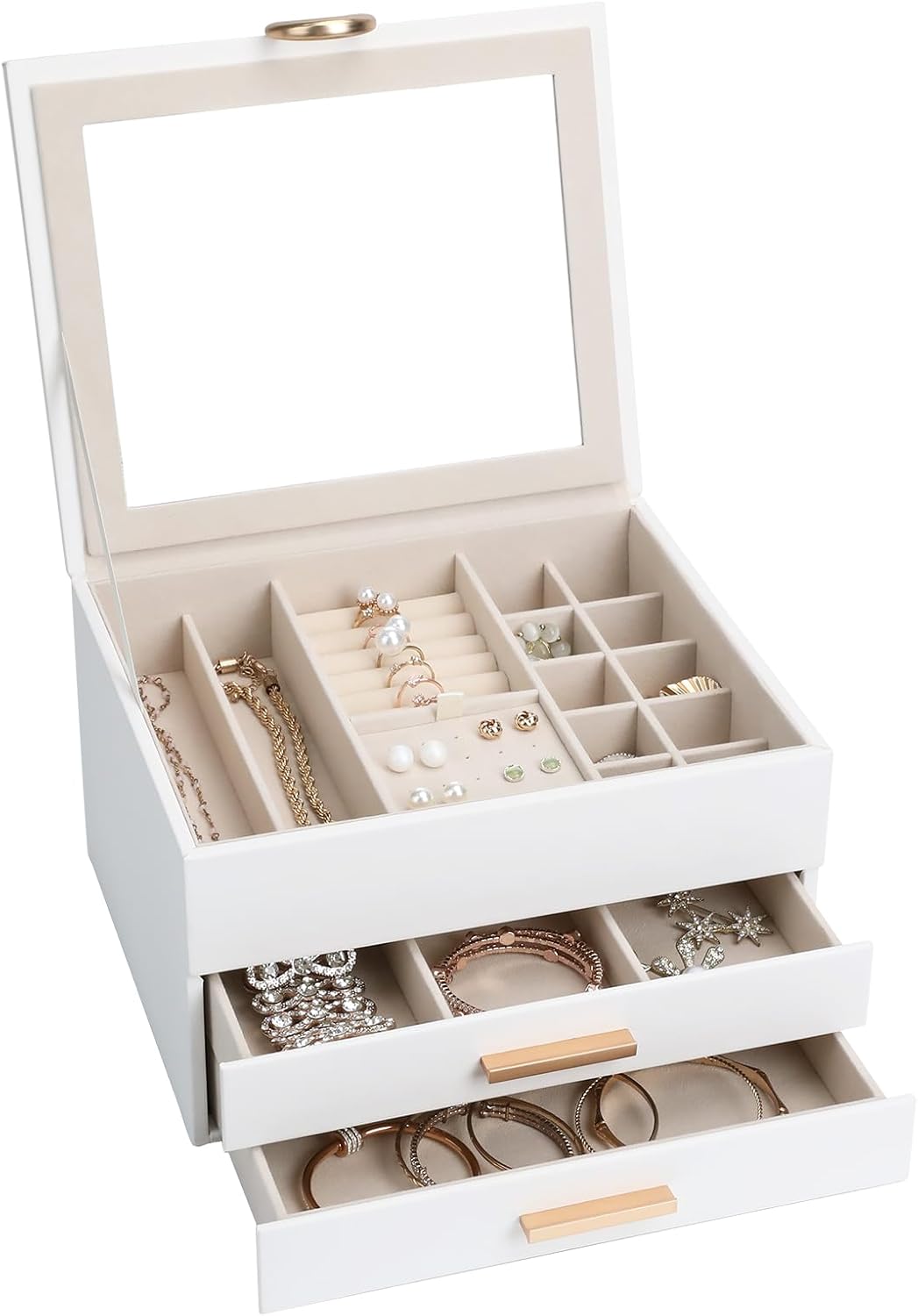 Jewelry Storage Box for 150+ Items - Features a Mirror, Smooth Gliding Drawers, and Non-Slip Earring Pads for Maximum Organization White