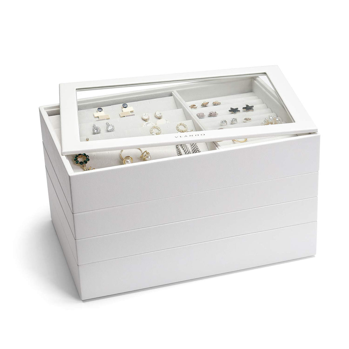 Vlando 4-Drawer Jewelry Box Organizer with Glass Lid, White